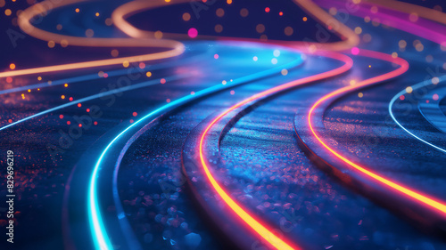 Abstract light trails with colorful neon lines and bokeh effects, creating a sense of futuristic movement and speed. photo