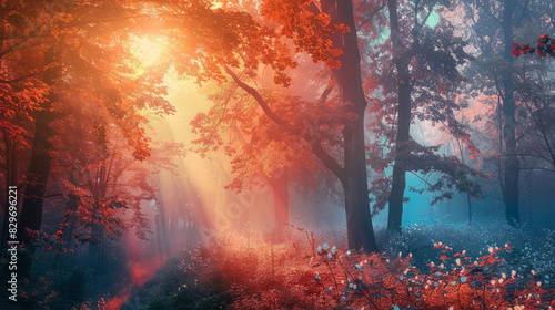 Sunlight streaming through enchanting autumn forest