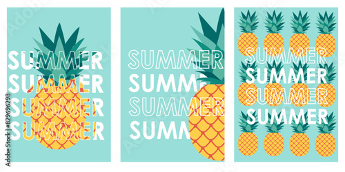 Abstract summer poster with ananas for print design.Blue background. Creative abstract template. Vector concept design. Poster banner design template. Isolated vector illustration. Card, poster, cover