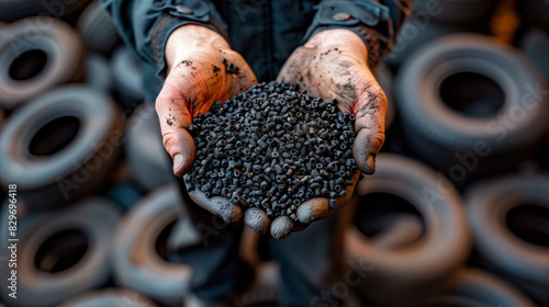Recycling old tires - rubber granules. Close-up view of recycled rubber granules held in hands against a backdrop of stacked old tires.