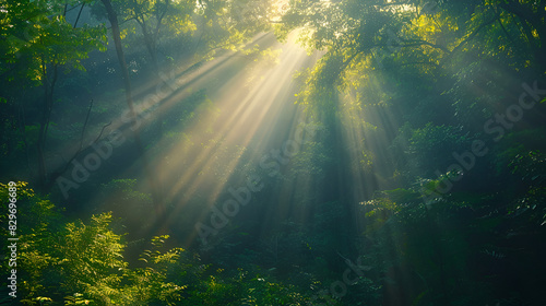 Beautiful rays of sunlight in a green forest Low Angle View Of Sun Shining Through Tree Kuala Lump, Malaysia, Generative Ai