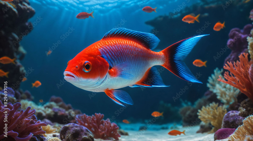Fototapeta premium Vibrant Red and Blue Reef Fish Swimming Among Coral Underwater