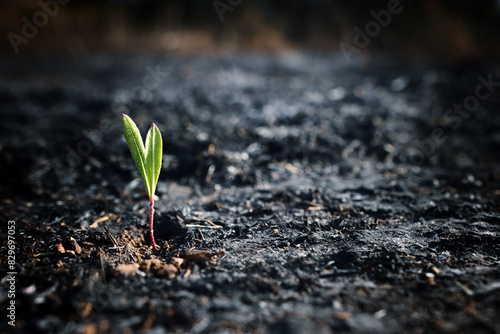 A seed of a green sprout grows in scorched soil. Idea of ecology, global heat, and revival