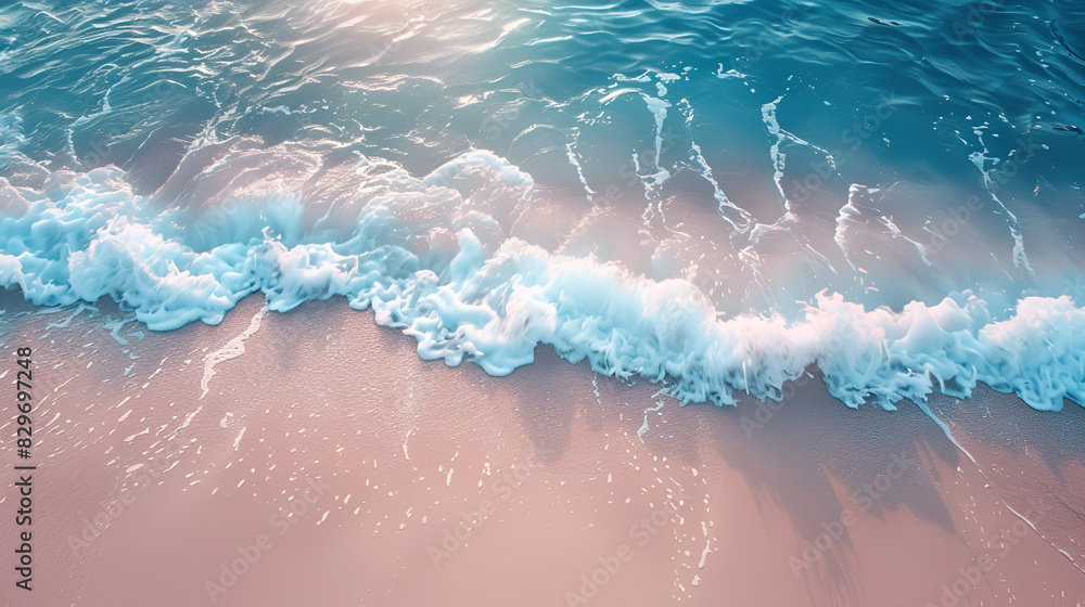 Beautiful Soft blue ocean wave on fine sandy beach Summer background concept Soft waves of the blue ocean on the sandy beach. Selective focus background, Generative AI
