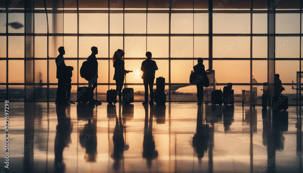 The image depicts silhouettes of passengers waiting in front of a window at an airport and on an air The image depicts silhouettes of passengers waiting in front of a window at an airport and on an air