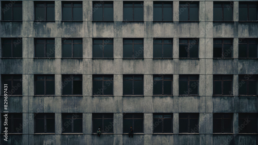 a stark, urban building facade with repetitive, dark windows a stark, urban building facade with repetitive, dark windows