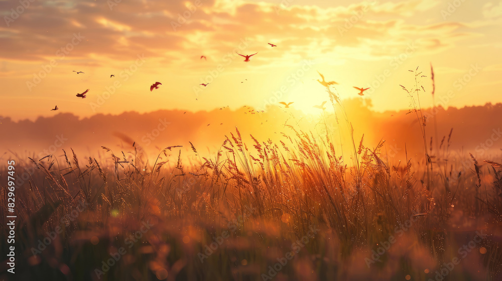 Beautiful sunrise over a serene meadow with birds flying Beautiful sunrise over a serene meadow with birds flying