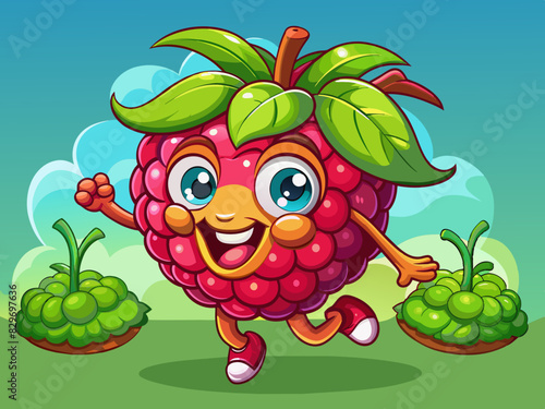 Animated raspberry character running joyfully on green background. Active raspberry cartoon promoting healthy lifestyle and fun. Energetic fruit character in motion, ideal for kids' education content