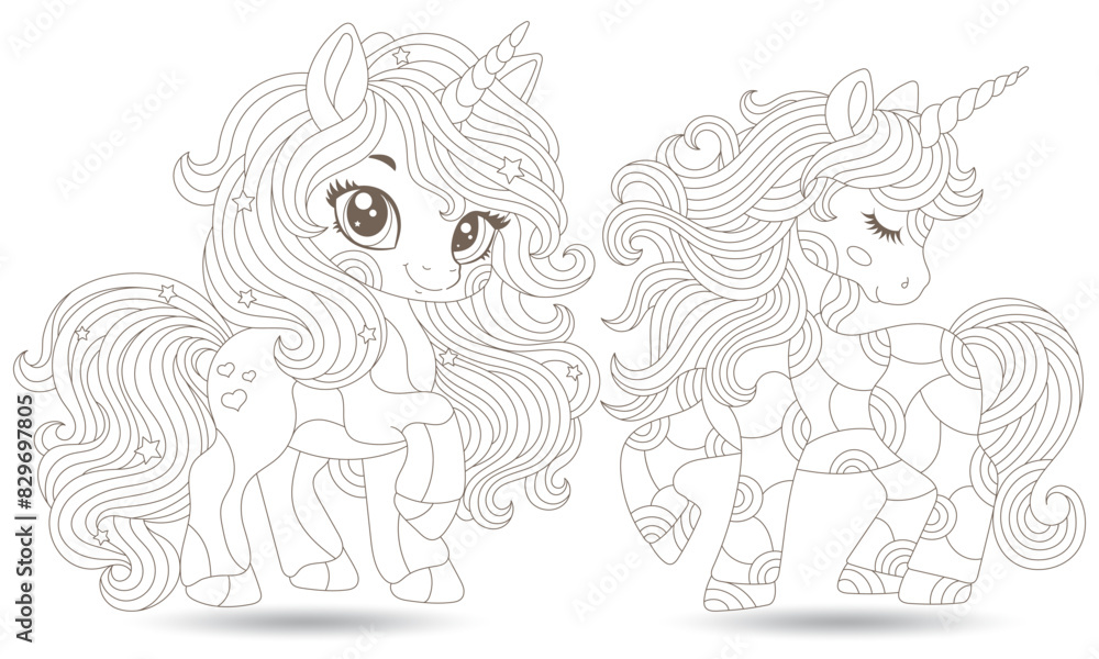 Fototapeta premium Set of contour illustrations in the style of stained glass with cute cartoon unicorns in the sky, dark outlines on a white background