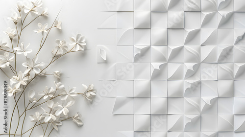 Fototapeta Naklejka Na Ścianę i Meble -  White geometric leaves 3d tiles texture Background. Generative AI.