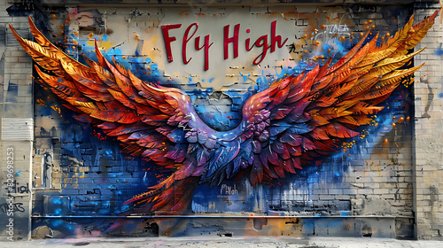 Colorful street art showcasing pair of wings with the words Fly High in bold typography promoting freedom and aspiration photo