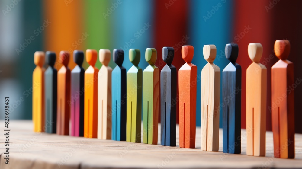 Fototapeta premium Colorful wooden figures in a line, representing diversity, vibrant background