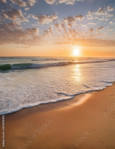 a hyper-realistic wallpaper of a tranquil beach at sunrise, details of the sand, waves, and sky in stunning clarity