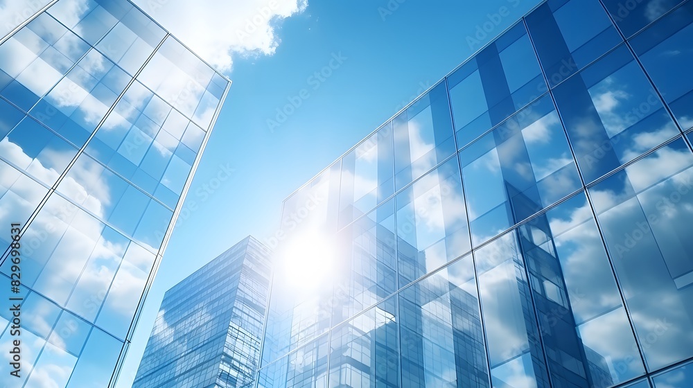 Reflective business office buildings. Modern glass building reflecting on windows. Generative AI.