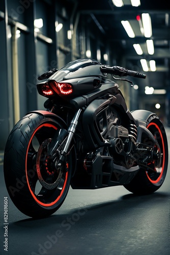 Futuristic motorcycle in sleek hightech environment
