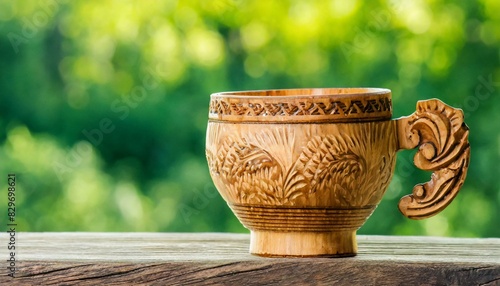 vase.crafted wooden cup with detailed carvings, resting on a wooden surface against a lush green background