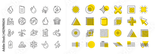 Coal Trolley, Solar Panels, Hydroelectric Power icons. Design shape elements. Energy types line icons. Sustainable Electricity, Battery Energy, Fuel canister. Vector