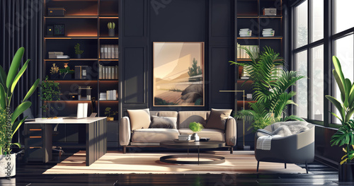 A modern home office with black walls, large windows showing lush greenery. Created with Ai
