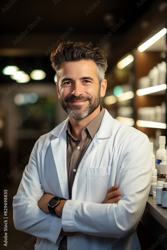 Smiling pharmacist in white coat standing in a wellstocked pharmacy, warm lighting Smiling pharmacist in white coat standing in a wellstocked pharmacy, warm lighting