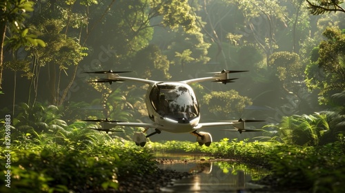 With a gentle touch ecofriendly air taxis gracefully land in a lush green clearing leaving behind nothing but the natural beauty of the surroundings. photo
