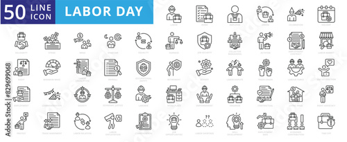 Labor day icon set with work, employee, union, celebration, holiday, solidarity, right, employment, protest and strike.