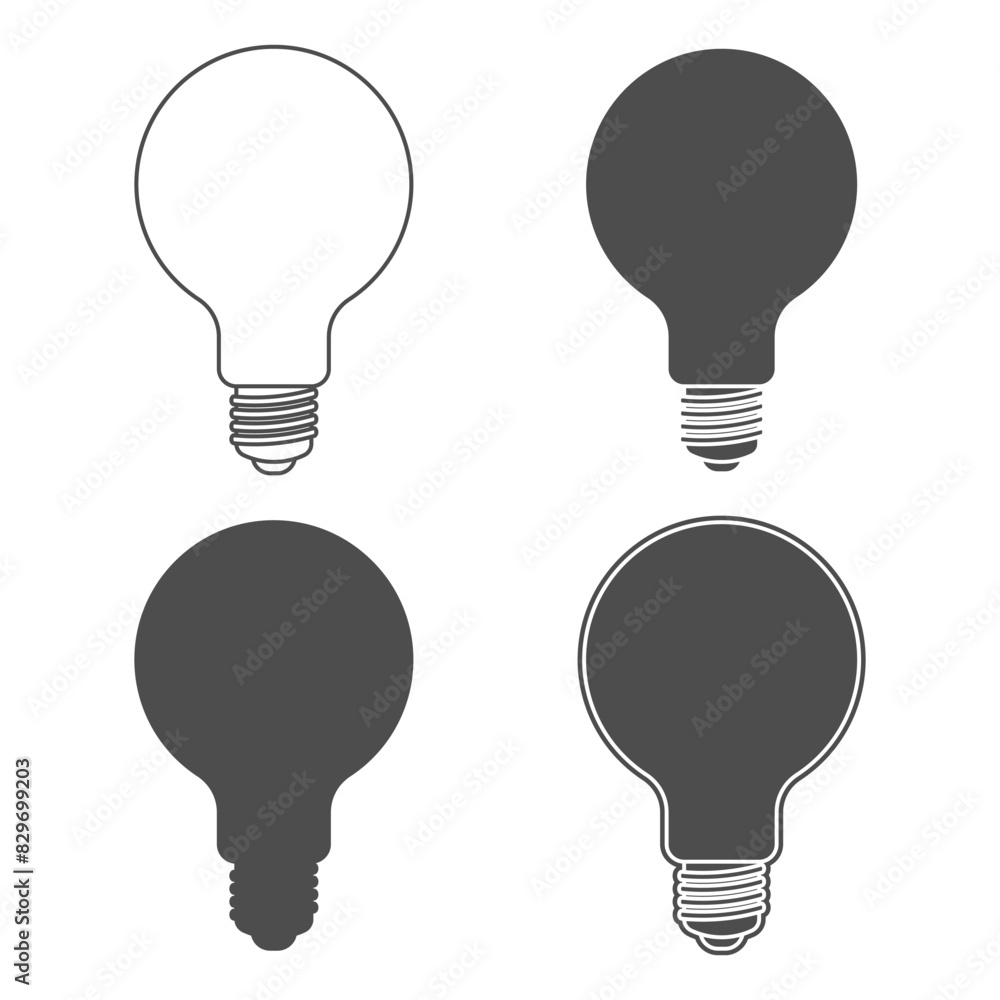 Set of black and white illustrations light bulb. Isolated vector objects on white background. Set of black and white illustrations light bulb. Isolated vector objects on white background.