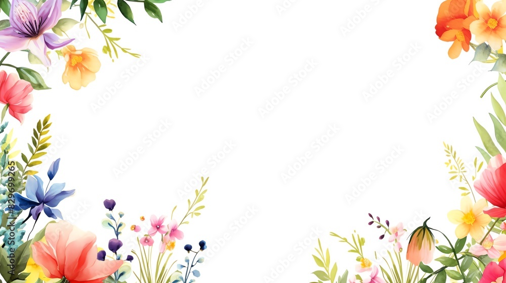 Obraz premium A beautiful floral border featuring colorful watercolor flowers and green foliage on a white background, perfect for invitations and greeting cards.