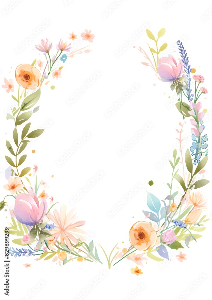 Beautiful watercolor floral frame with pastel flowers and green leaves, perfect for invitations and greeting cards.