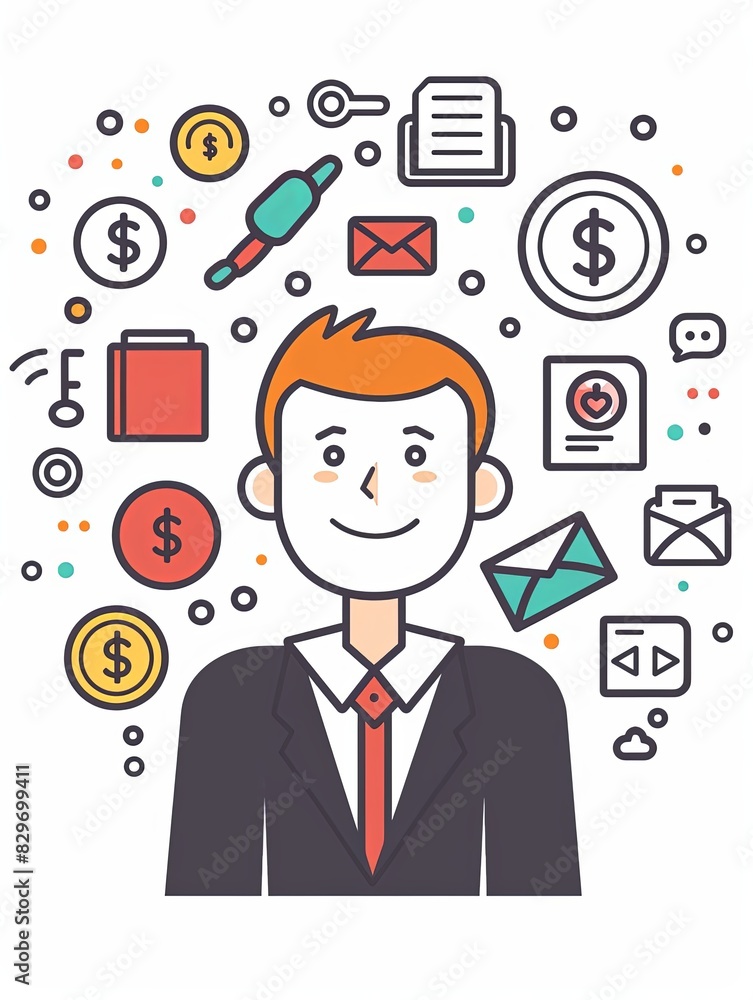 A man is smiling and surrounded by various objects such as money, books A man is smiling and surrounded by various objects such as money, books