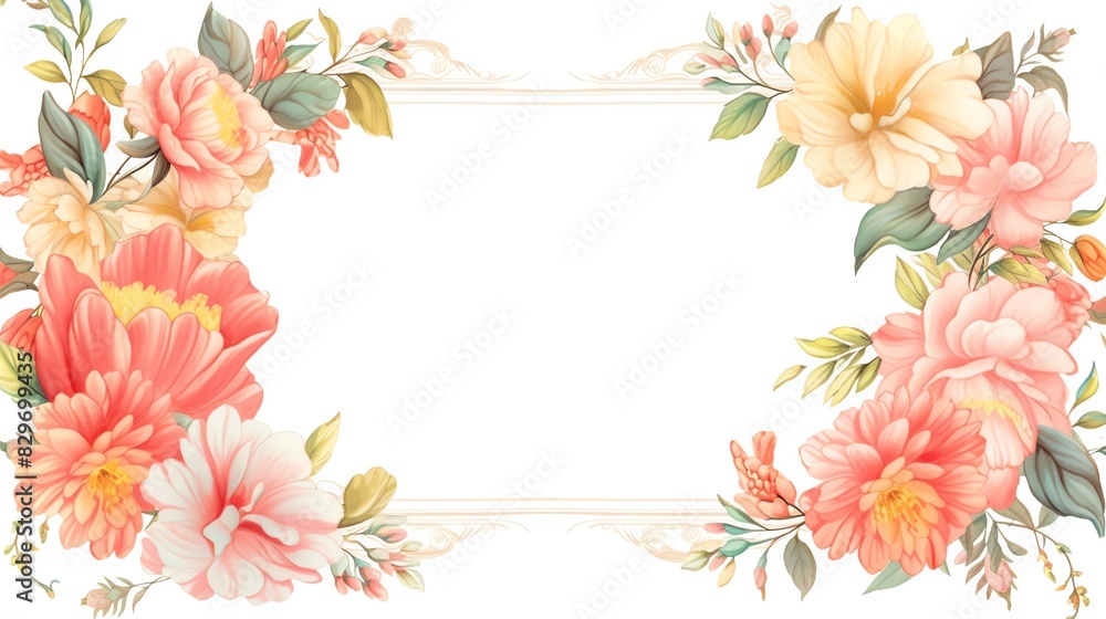 Fototapeta premium Elegant floral frame featuring delicate pink and peach flowers. Perfect for invitations, cards, and decorative projects.