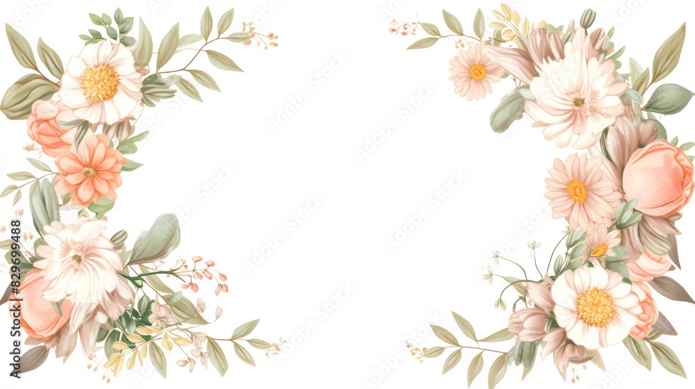 Fototapeta premium Elegant floral frame with soft pastel flowers and green leaves, perfect for wedding invitations, greeting cards, and decorative designs.