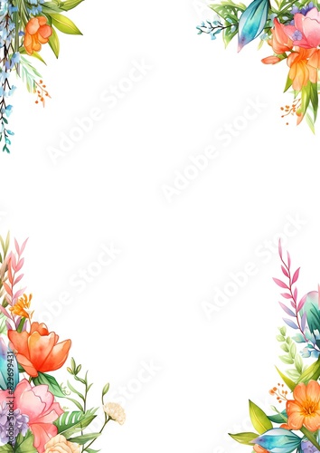 Elegant floral frame with colorful flowers and leaves  perfect for invitations  greeting cards  and decorative templates. White background.