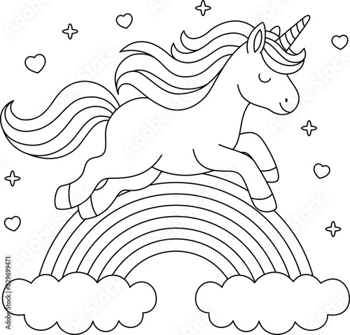 Cute kawaii unicorn is flying on the rainbow coloring page for kids. Animal outline doodle colouring page isolated on white background. Wild animal coloring book for kids