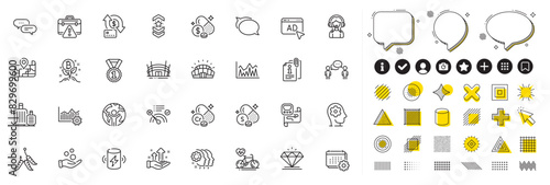 Set of Attached info, Ad and Operational excellence line icons for web app. Design elements, Social media icons. Talk bubble, Maggots, Sulfur mineral icons. Vector