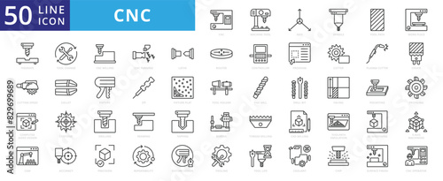 Computer numerical control icon set with machine tool, axis, spindle, path, workpiece, feed rate and cutting speed.