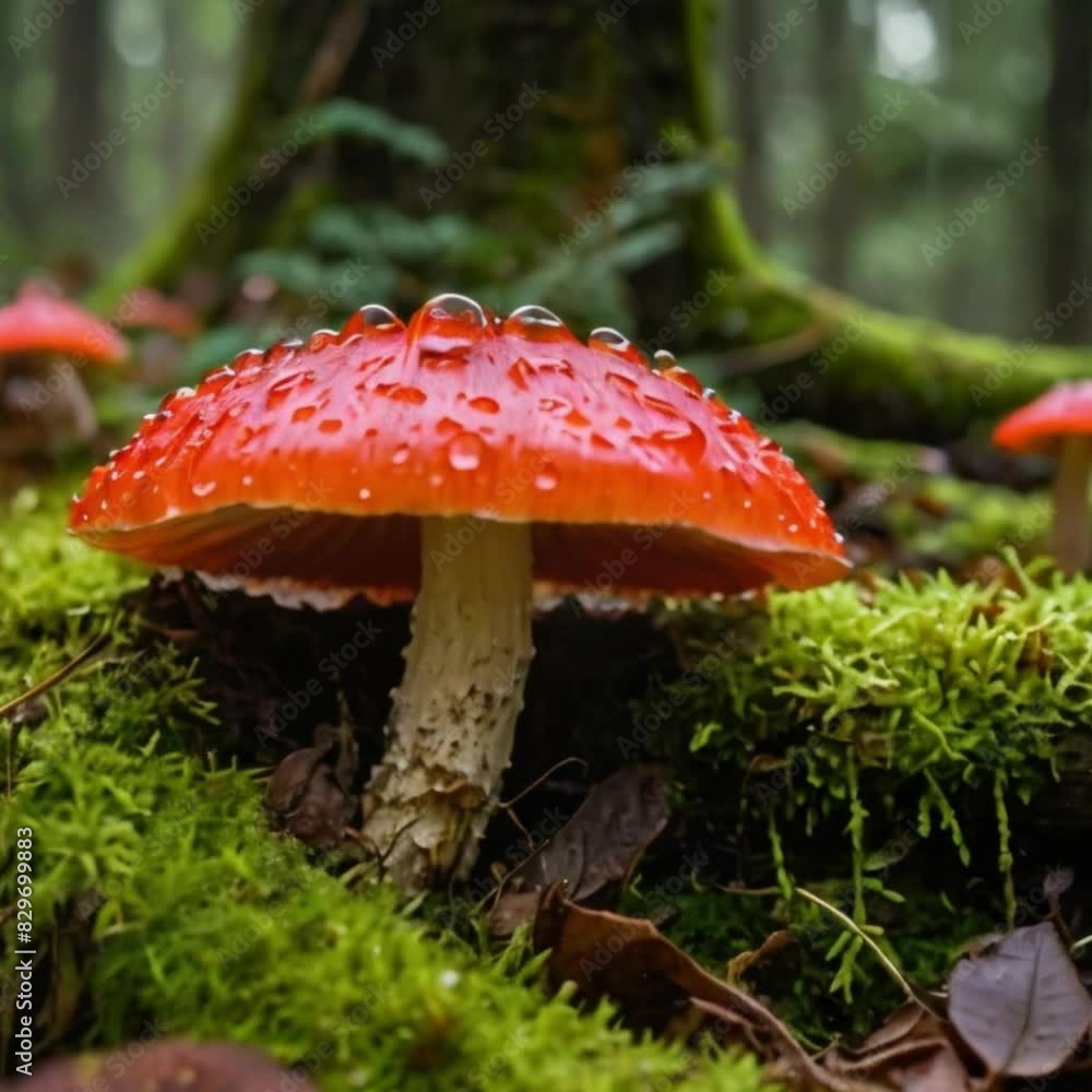 Red mushrooms growing on the ground covered in morning dew footage Red mushrooms growing on the ground covered in morning dew footage