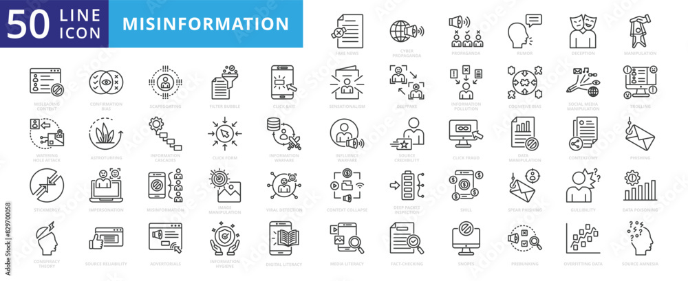 Misinformation icon set with fake news, cyber, propaganda, rumor, deception, manipulation, stickmergy and misleading content.