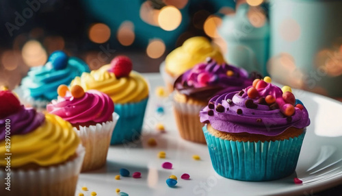 Colorful cupcakes with sprinkles. Close up.  photo