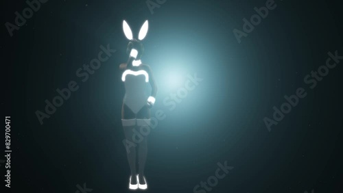 Beautiful 3D bunny girl dancing and performing in front of volumetric light on black background with dust particles. 3D character animation, dance style 1 photo