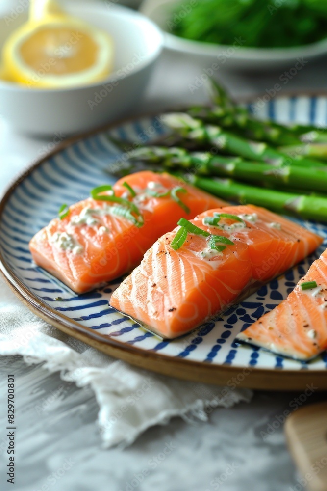 A plate holding grilled salmon fillet and roasted asparagus spears on a wooden table A plate holding grilled salmon fillet and roasted asparagus spears on a wooden table