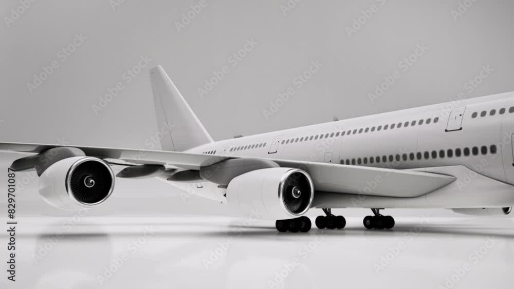 White airplane 3D model on white background, 3D animation, camera zoom out White airplane 3D model on white background, 3D animation, camera zoom out