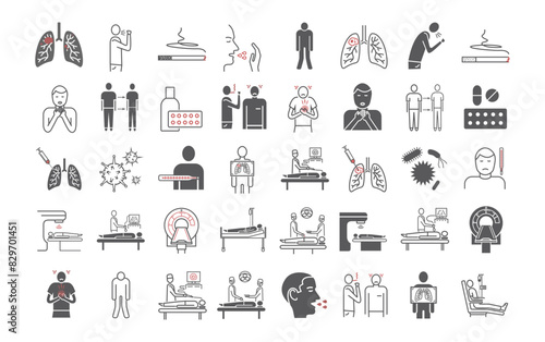 Lung Cancer. . Symptoms, Causes, Treatment. Line icons set. Vector signs for web graphics.