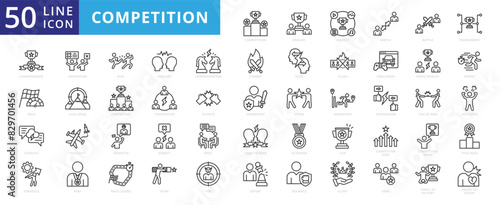 Competition icon set with rivalry, contest, match, battle, tournament, championship, race, conflict, struggle and opposition. photo