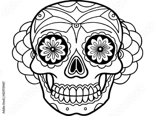 Detailed sugar skull line art, perfect for coloring or tattoo design. Monochrome Day of the Dead skull illustration with complex designs. Black and white sugar skull with floral and geometric patterns