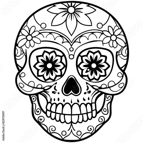 Detailed sugar skull line art, perfect for coloring or tattoo design. Monochrome Day of the Dead skull illustration with complex designs. Black and white sugar skull with floral and geometric patterns