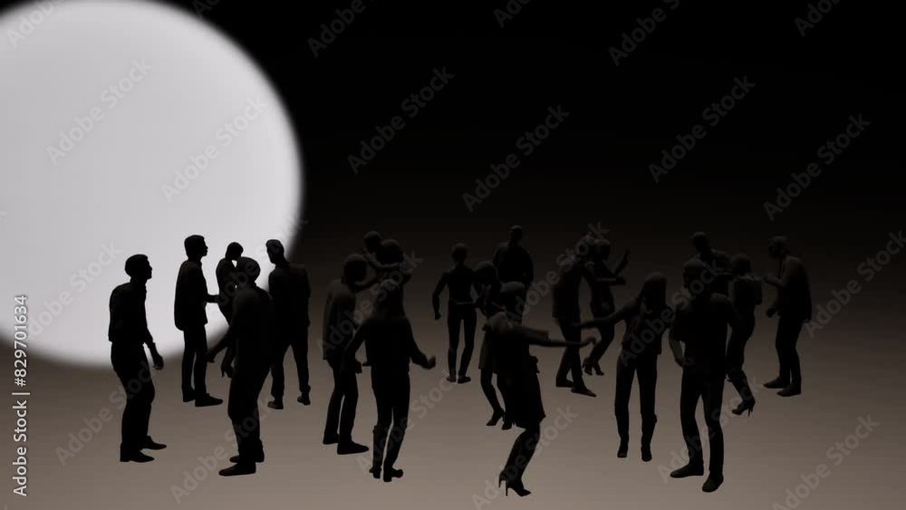 3D People's silhouettes dancing and having fun on black background, with white circle light passing. People silhouettes 3D animation. 3D People's silhouettes dancing and having fun on black background, with white circle light passing. People silhouettes 3D animation.