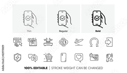 Approved app, Grocery basket and Travel loan line icons. Pack of Quick tips, Loyalty points, Plane icon. Wifi, Electronic thermometer, Power safety pictogram. Cvv code, Smartphone cover, Heart. Vector