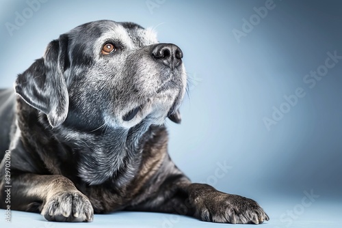 Full body studio portrait of a beautiful black Labrador dog. The dog is lying down and looking up over background of pastel shades, radiating charm and playfulness.