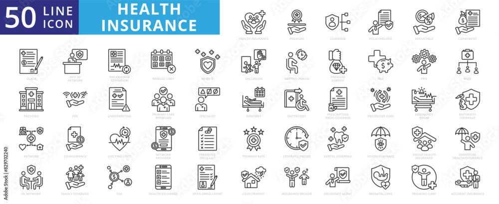 Health insurance icon set with premium, coverage, policyholder, deductible, copayment, claim, provider, network and benefit.