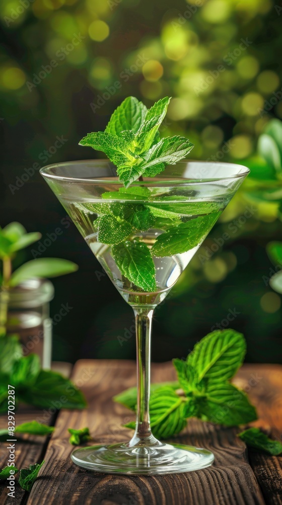 Close-up shot of a glass filled with a refreshing green mint cocktail resting on a wooden table Close-up shot of a glass filled with a refreshing green mint cocktail resting on a wooden table